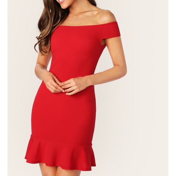 Red Off the Shoulder Ruffle Hem Bodycon Mini Dress - Picture 2 of 6